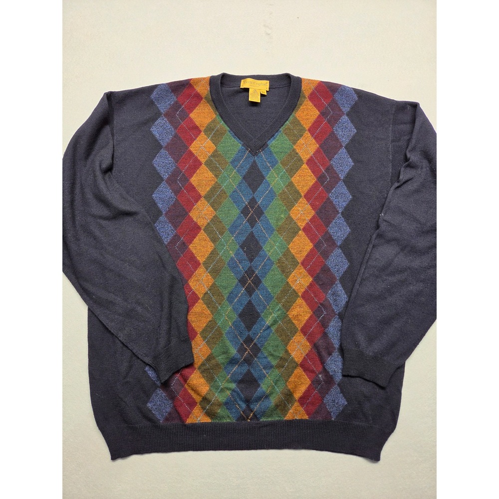 Vintage Tricots St Raphael Mens XXL Merino Wool Argyle V-Neck Sweater MultiColor